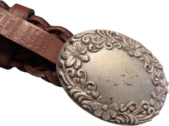 Vintage Buffalo Leather Braided Belt With Floral Silver Tone Buckle, 34\